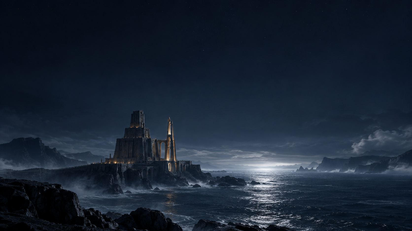 A terraced dark stone tower with a slender amber-lit wing on a moonlit coast